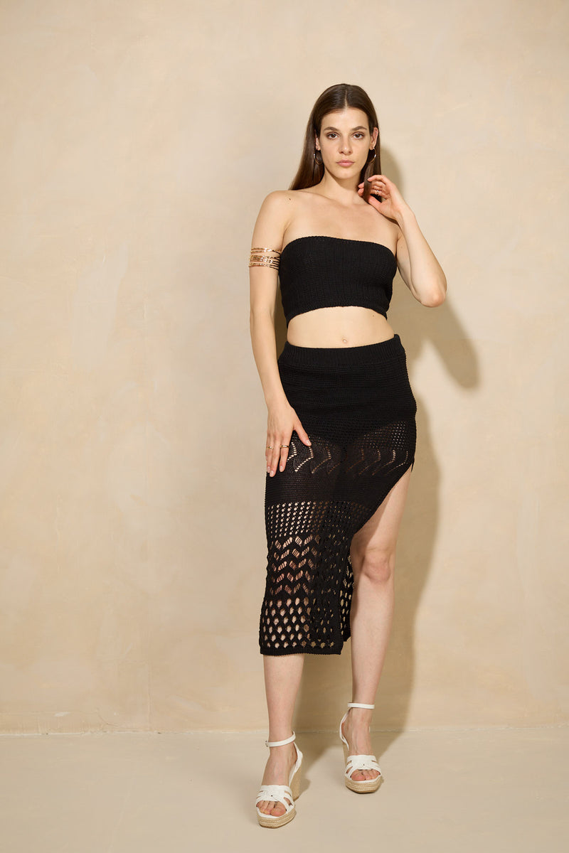 Crochet bandeu skirt set in Black