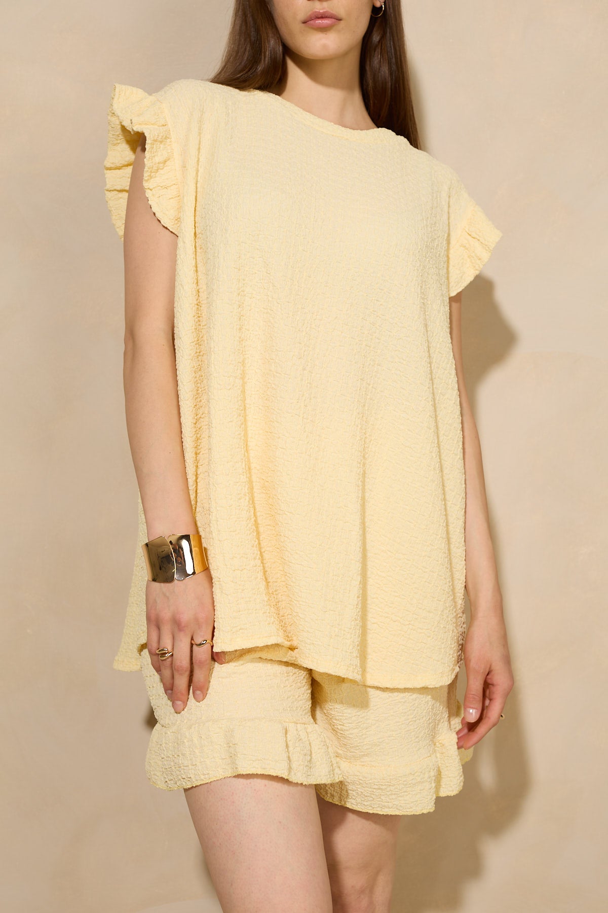 Frill shoulder textured short set in Yellow