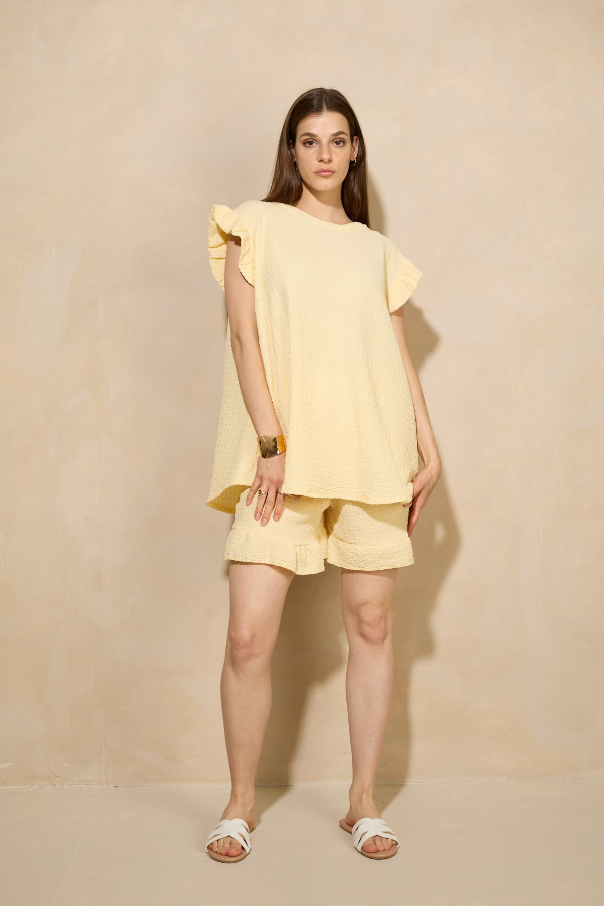 Frill shoulder textured short set in Yellow