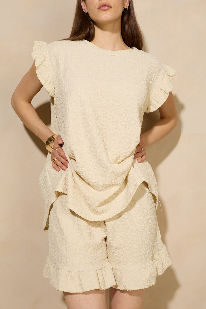 Frill shoulder textured short set in Beige