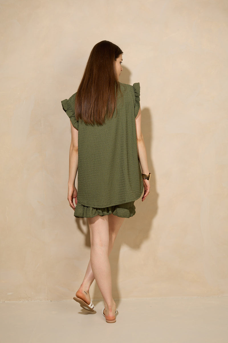 Frill shoulder textured short set in Green