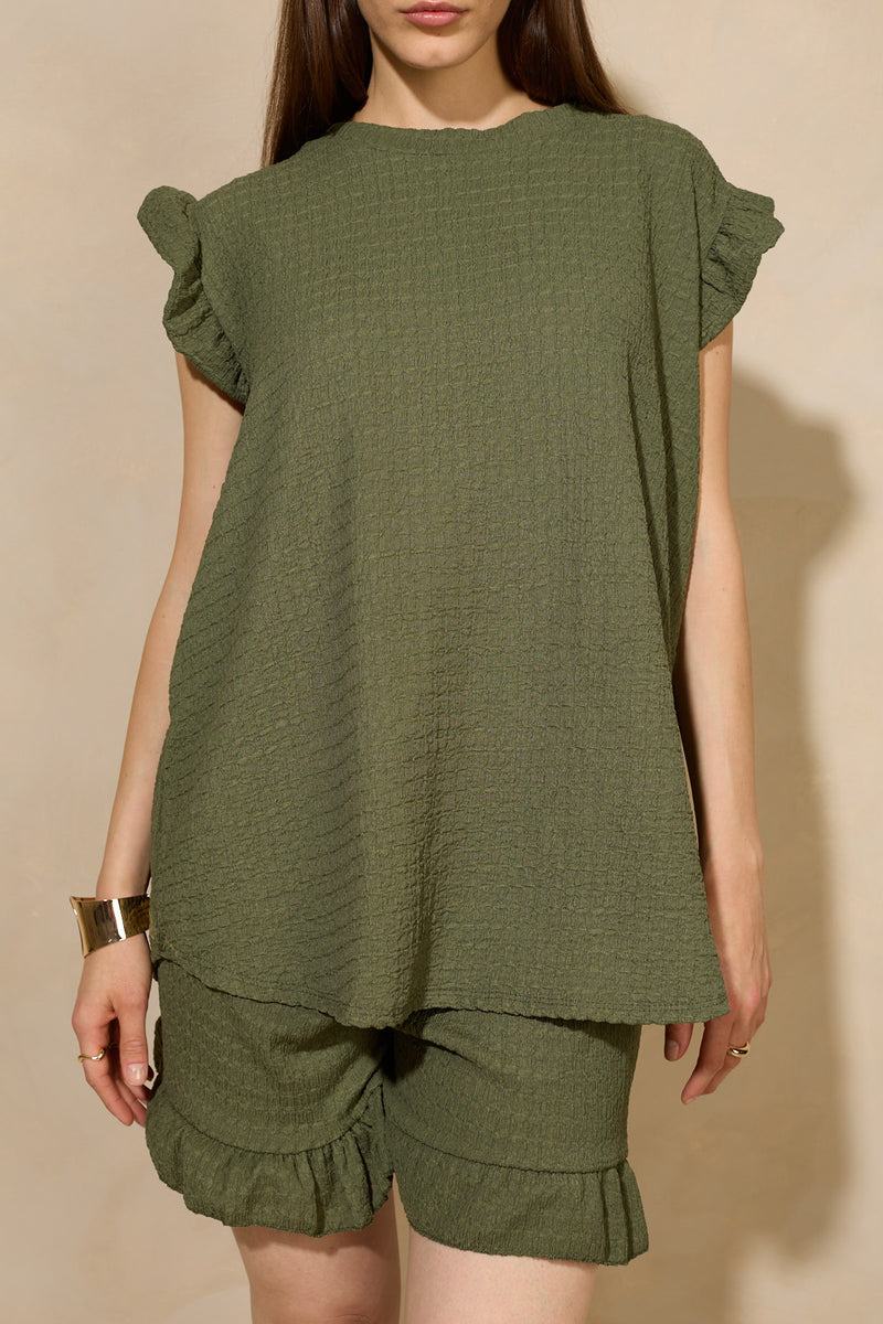 Frill shoulder textured short set in Green