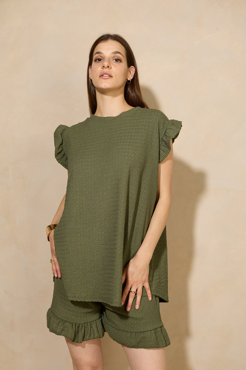 Frill shoulder textured short set in Green