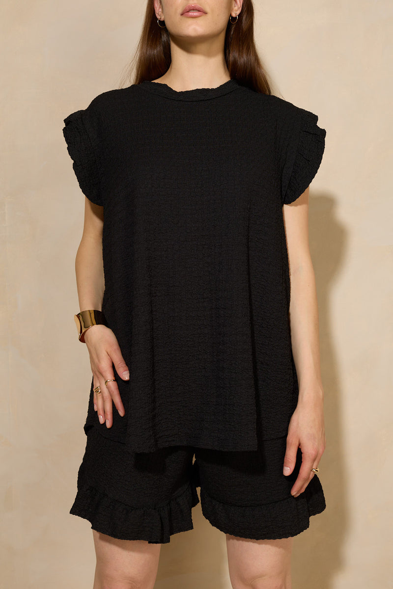 Frill shoulder textured short set in Black