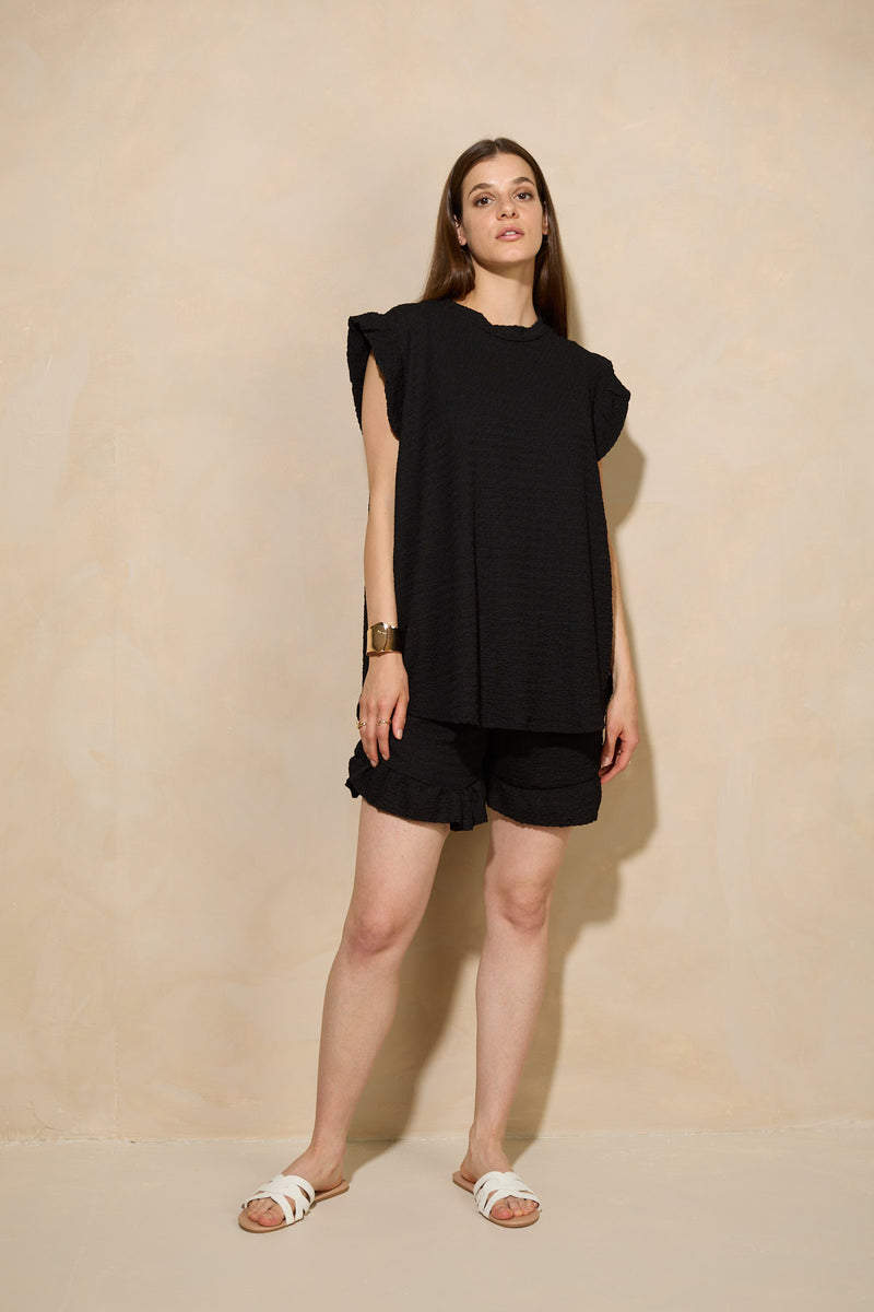Frill shoulder textured short set in Black
