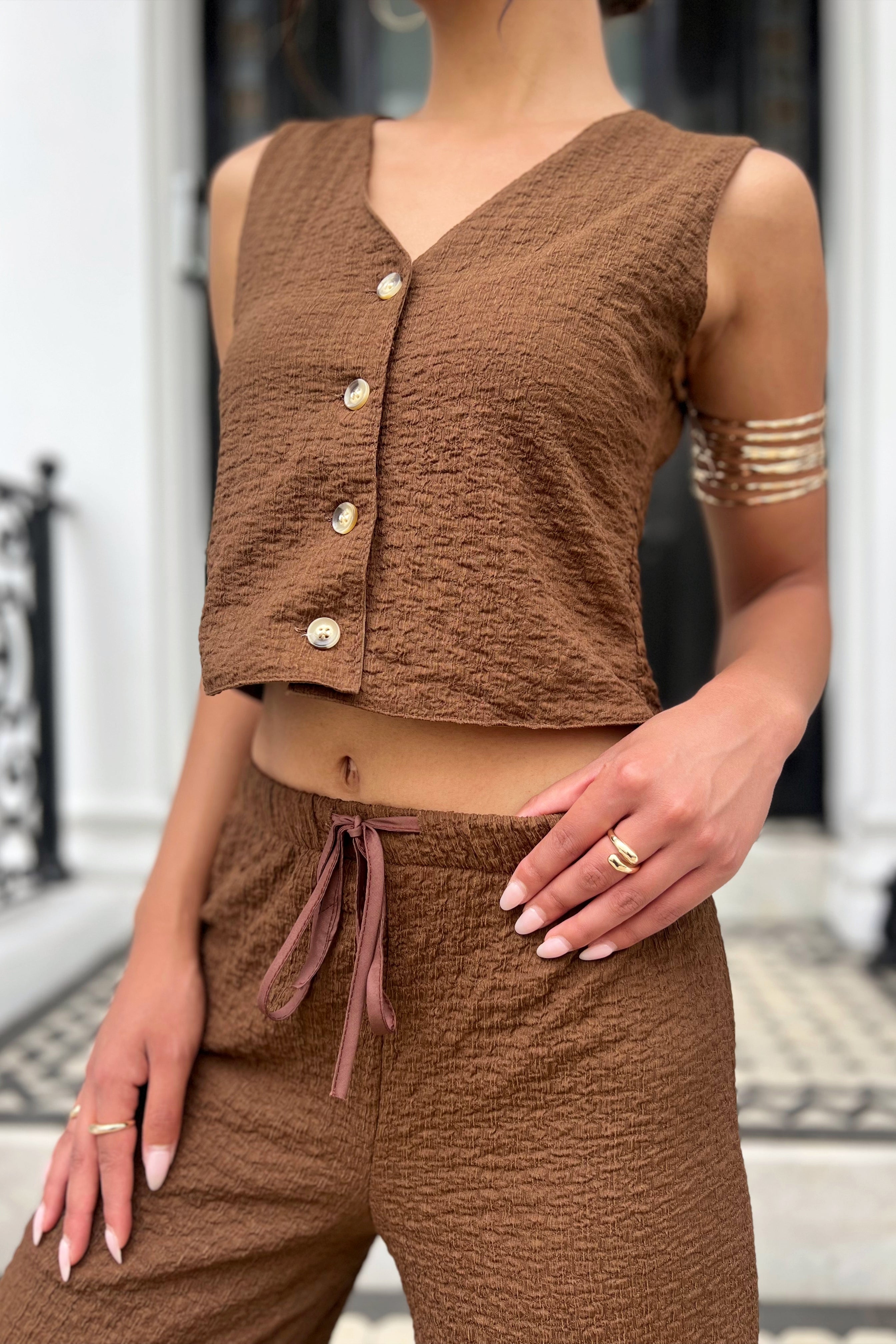 Textured button vest co ord in Brown
