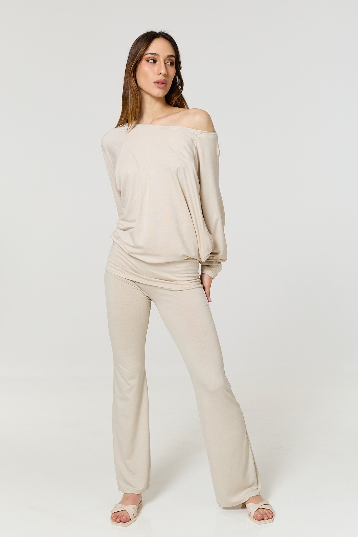 Batwing off the shoulder co-ord in Beige