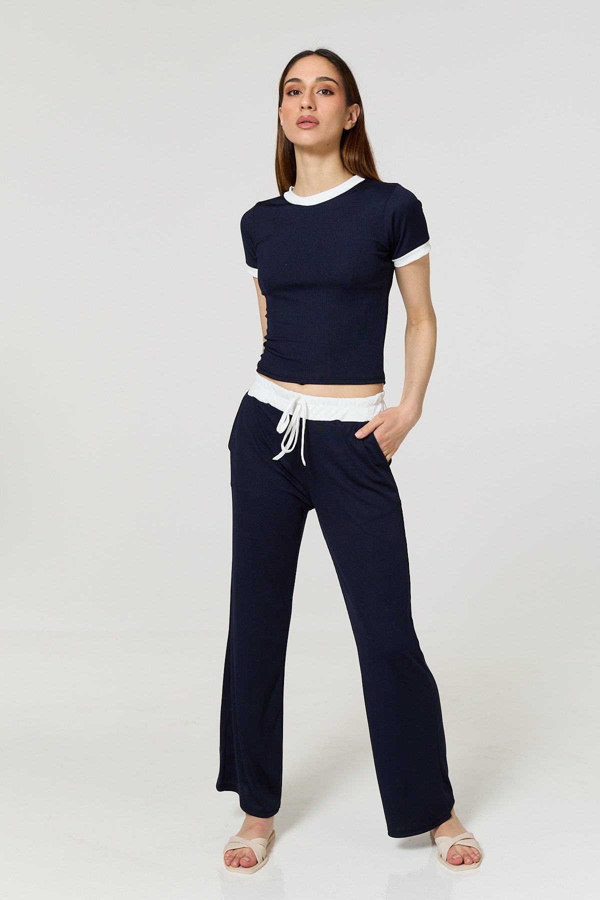 Contrast ribbed co-ord in Navy
