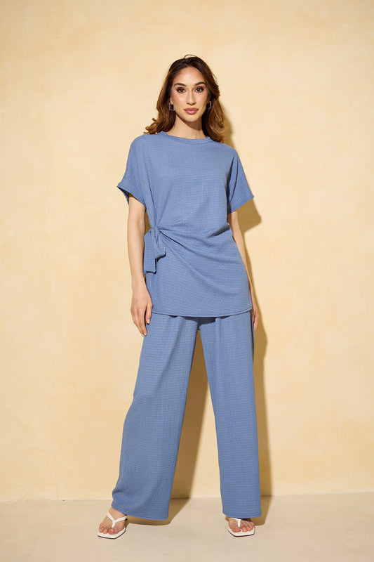 Side tie textured co-ord in blue