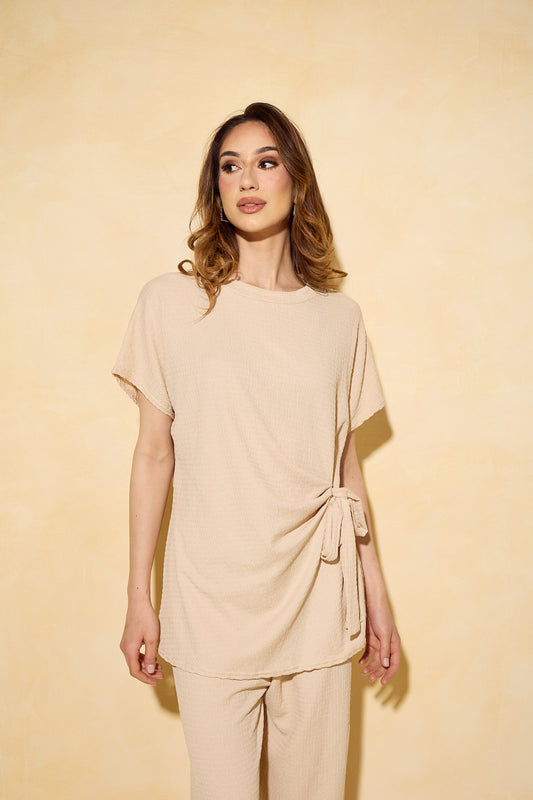 Side tie textured co-ord in beige