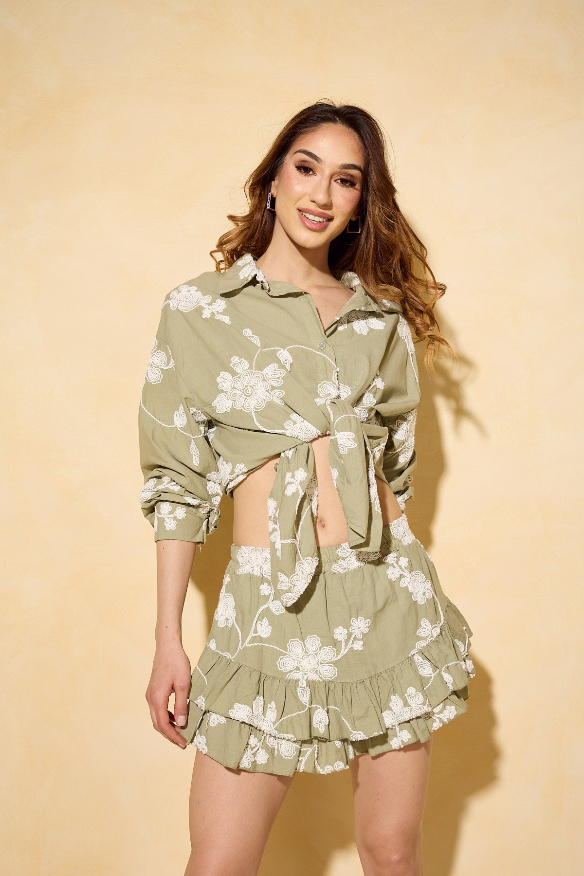 Floral design short set in green