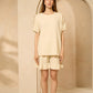 Cheesecloth gold button shoulder short set in Beige