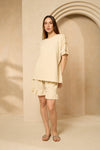 Cheesecloth gold button shoulder short set in Beige