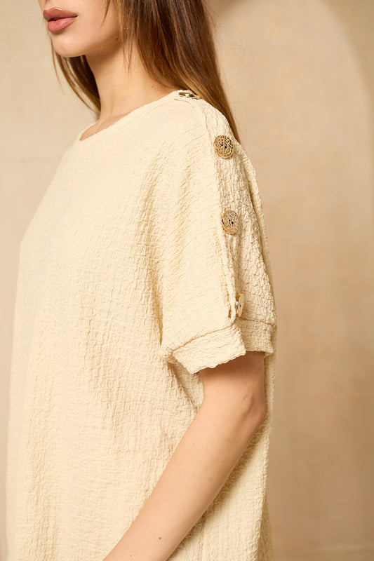 Cheesecloth gold button shoulder short set in Beige