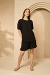 Cheesecloth gold button shoulder short set in Black