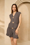Cheesecloth gold button short set in Grey