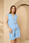 Cheesecloth gold button short set in Sky