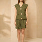 Cheesecloth gold button short set in Khaki