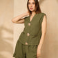 Cheesecloth gold button short set in Khaki