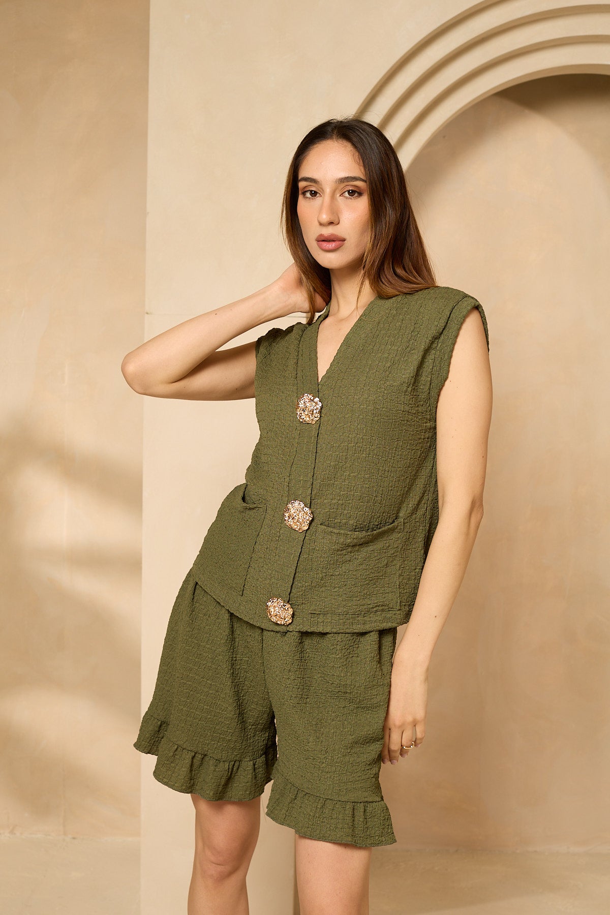 Cheesecloth gold button short set in Khaki