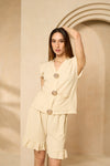 Cheesecloth gold button short set in Beige