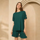 Cheesecloth gold button shoulder short set in Emerald