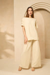 Cheesecloth trouser set with gold button shoulders in Beige