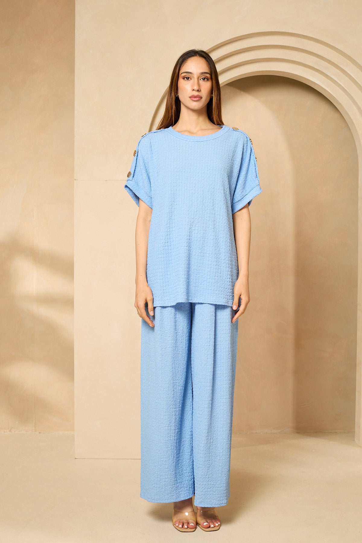 Cheesecloth trouser set with gold button shoulders in Sky