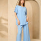 Cheesecloth trouser set with gold button shoulders in Sky