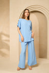 Cheesecloth trouser set with gold button shoulders in Sky