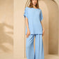 Cheesecloth trouser set with gold button shoulders in Sky