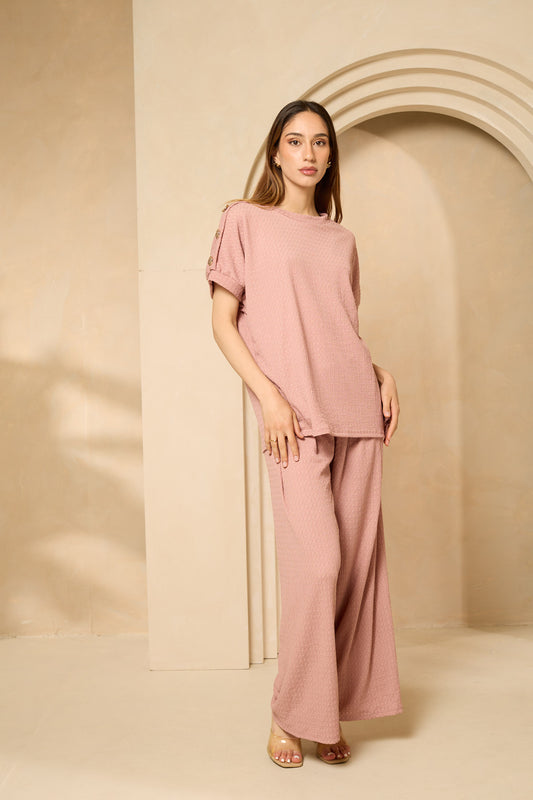 Cheesecloth trouser set with gold button shoulders in Pink