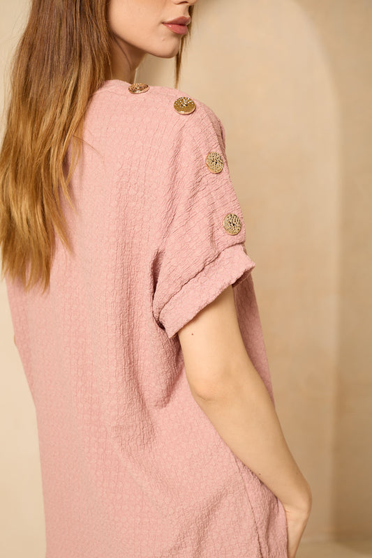 Cheesecloth trouser set with gold button shoulders in Pink