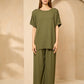 Cheesecloth trouser set with gold button shoulders in Khaki