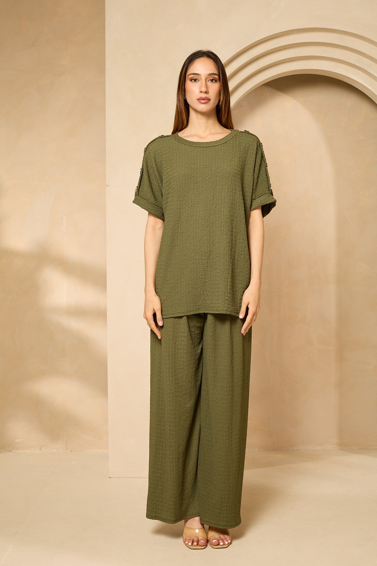 Cheesecloth trouser set with gold button shoulders in Khaki