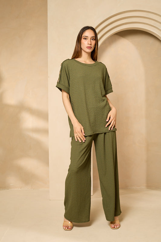 Cheesecloth trouser set with gold button shoulders in Khaki