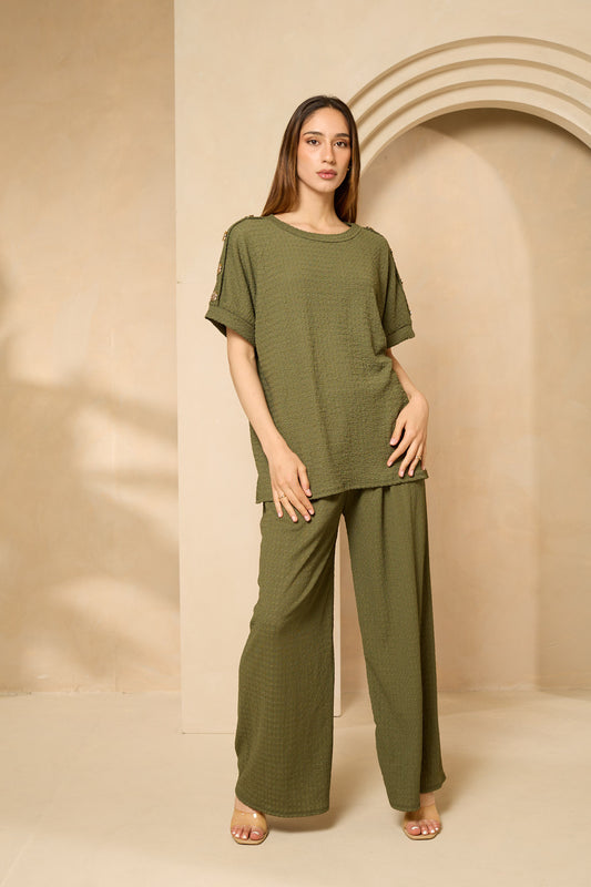 Cheesecloth trouser set with gold button shoulders in Khaki