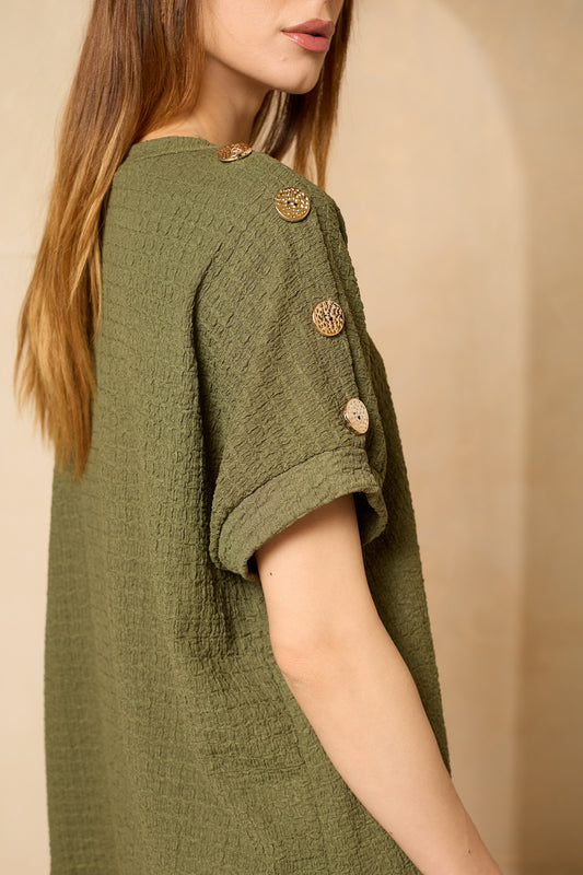 Cheesecloth trouser set with gold button shoulders in Khaki