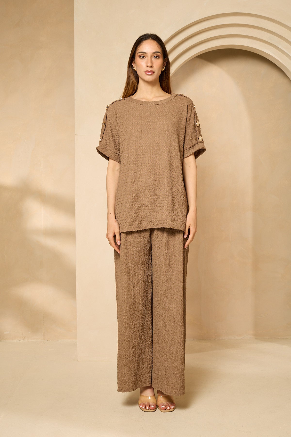 Cheesecloth trouser set with gold button shoulders in Taupe