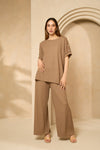 Cheesecloth trouser set with gold button shoulders in Taupe