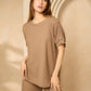 Cheesecloth trouser set with gold button shoulders in Taupe