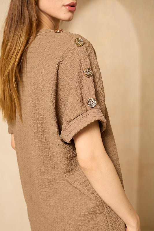 Cheesecloth trouser set with gold button shoulders in Taupe