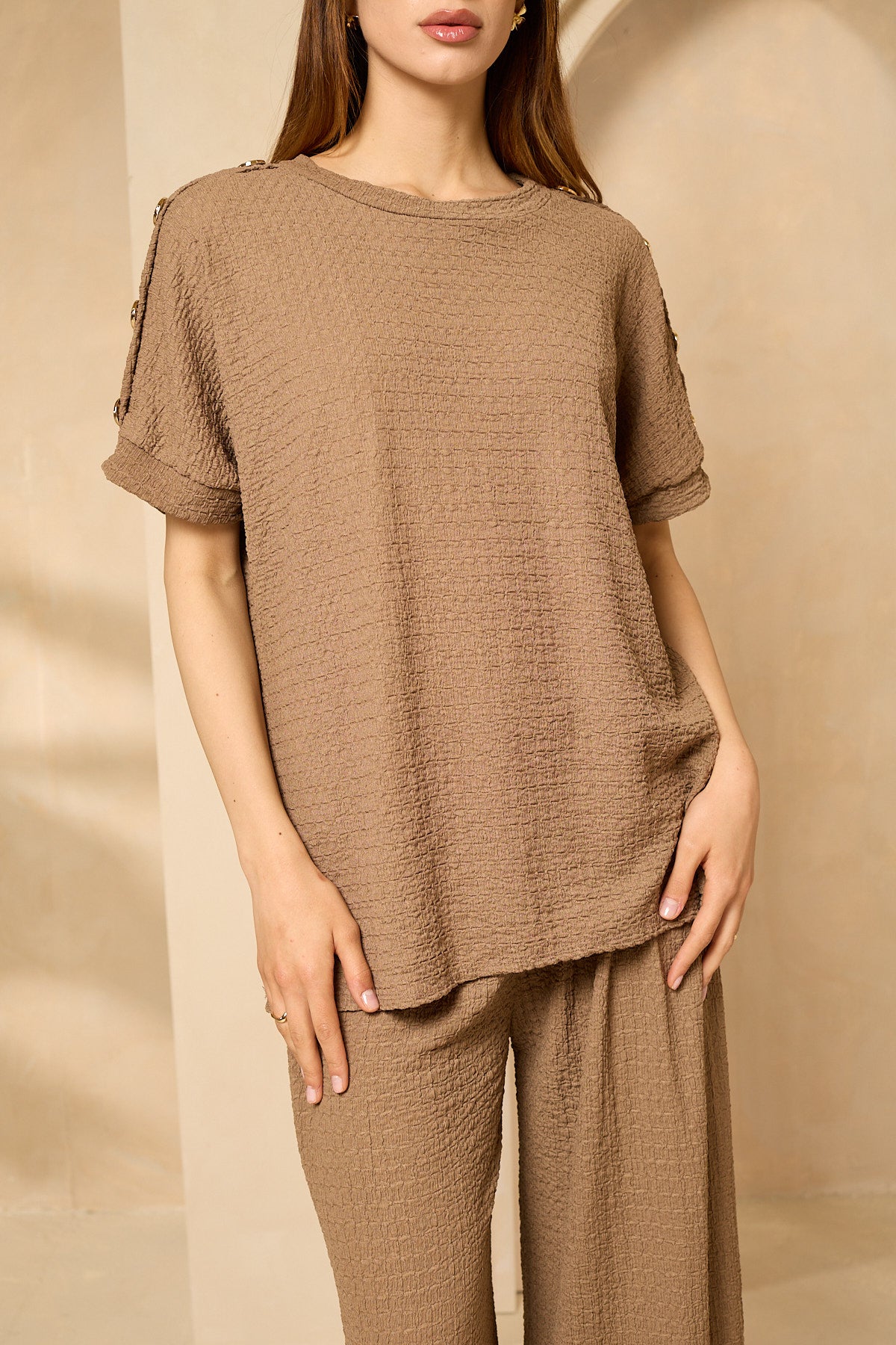 Cheesecloth trouser set with gold button shoulders in Taupe