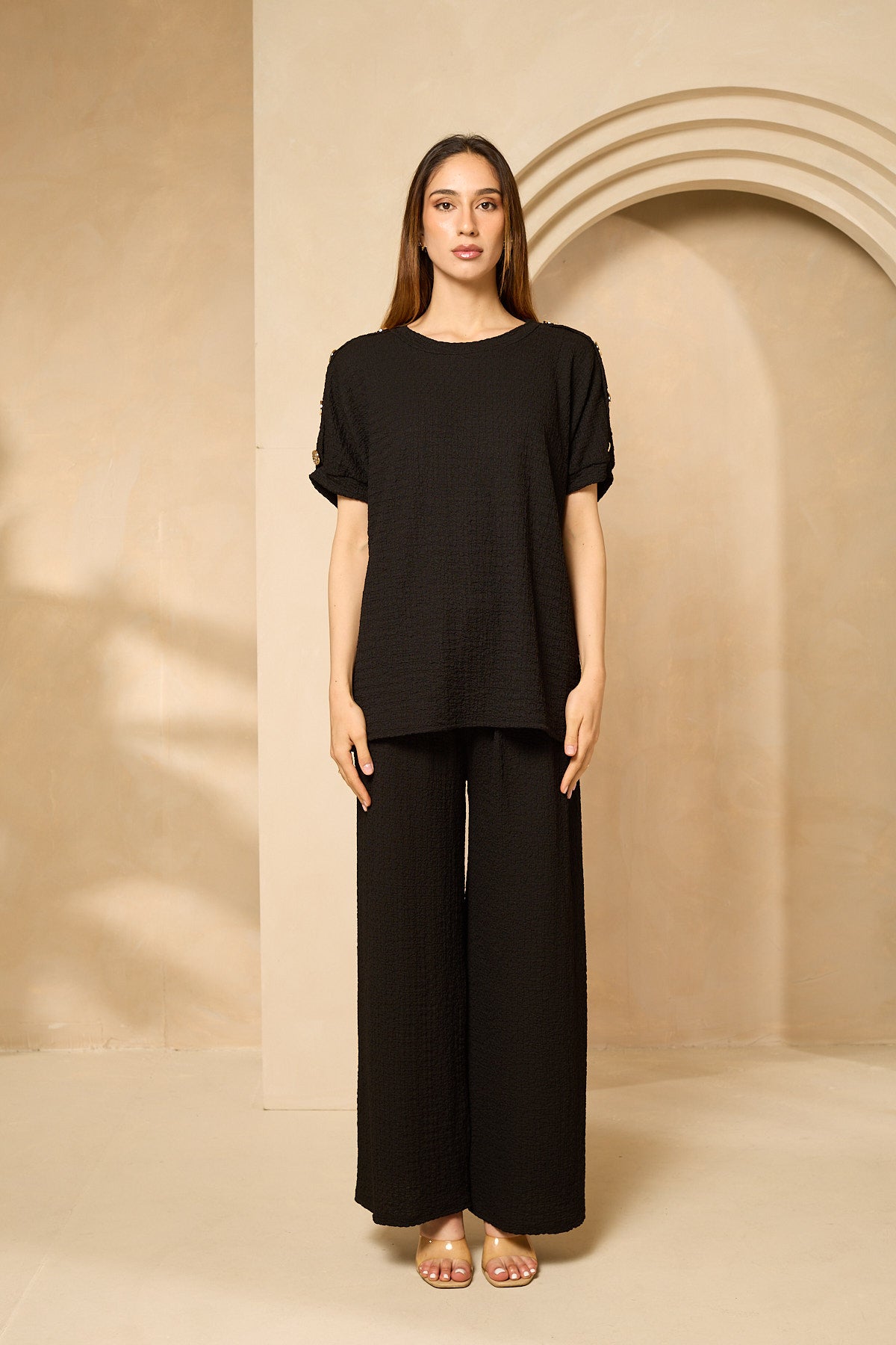 Cheesecloth trouser set with gold button shoulders in Black