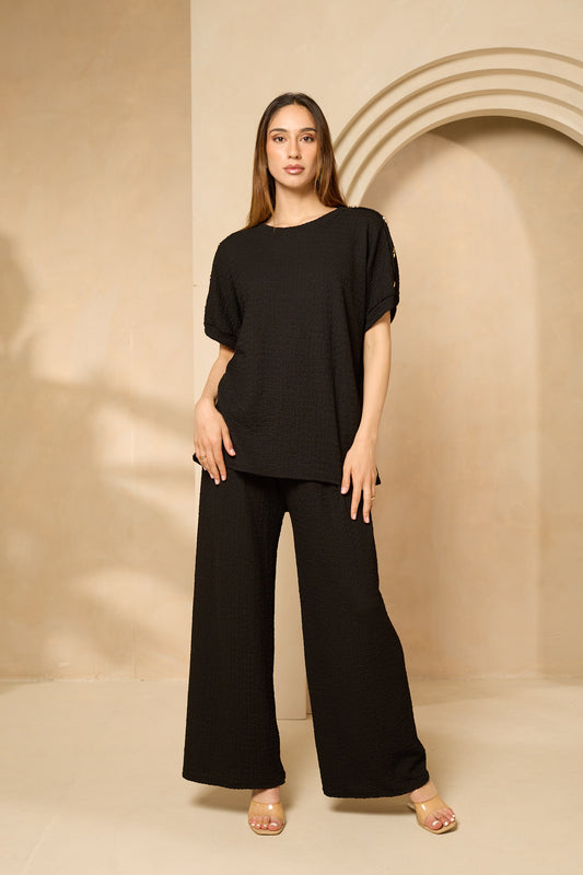 Cheesecloth trouser set with gold button shoulders in Black