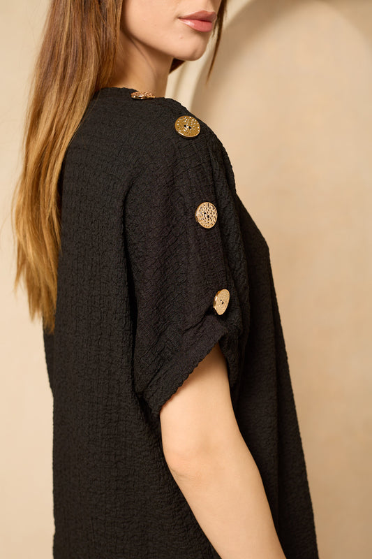 Cheesecloth trouser set with gold button shoulders in Black