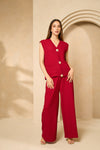 Cheesecloth trouser set with gold buttons in Wine