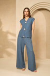 Cheesecloth trouser set with gold buttons in Denim