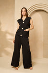 Cheesecloth trouser set with gold buttons in Black