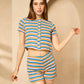 Multi stripe button front short set in Blue